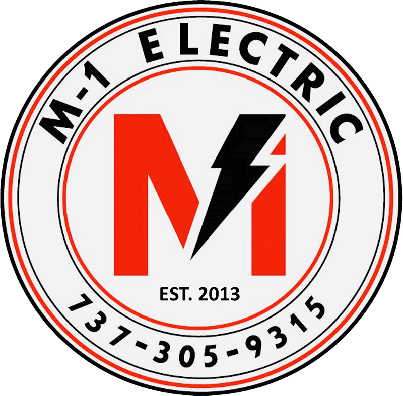 Logo of m-1 electric featuring a red and white color scheme with a lightning bolt symbol, indicating an electrical service company established in 2013.